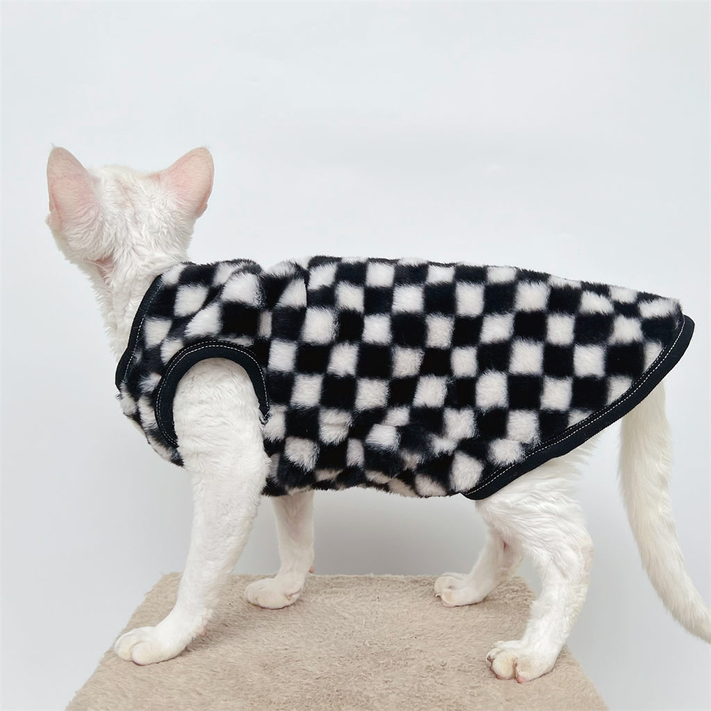 Sphynx Faux Fur Cardigan Checker Fleece Sphynx Cat Clothes In Black Color
