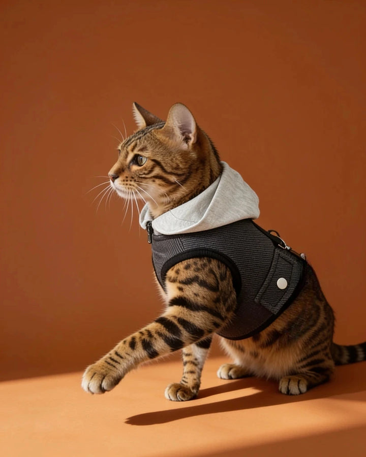 A Bengal cat wearing a black harness with a light gray hood.