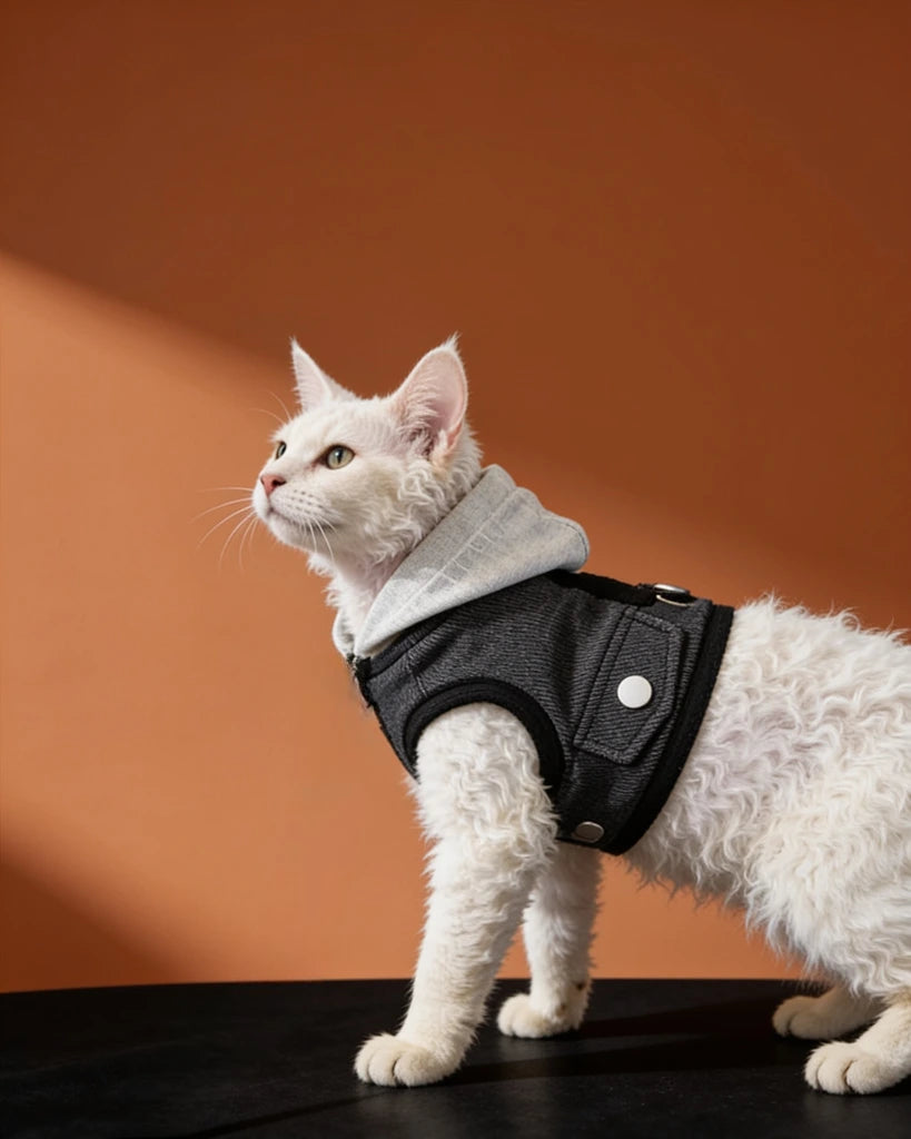 A white curly-haired cat wearing a black harness with a light gray hood.