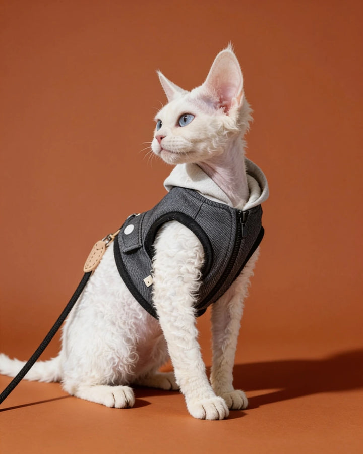 A white curly-haired cat wearing a black pet harness with a black zipper.