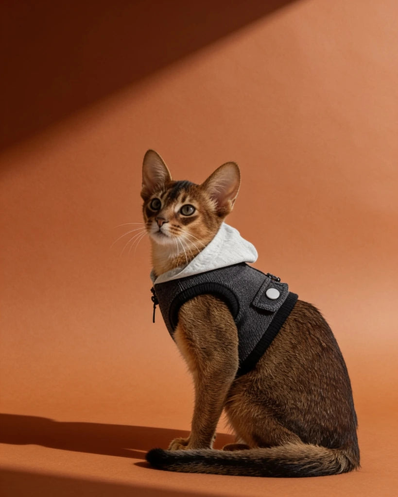 A brown cat wearing a black harness with a gray hood.