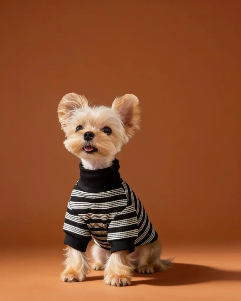 A small fluffy dog wearing a black and white striped turtleneck pet sweater