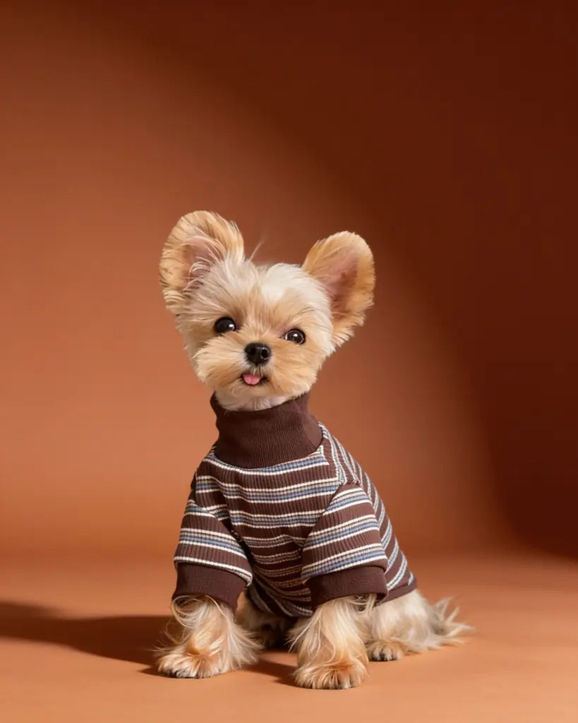 A small Yorkshire Terrier dog wearing a ribbed knit pet sweater with dark brown and beige horizontal stripes.