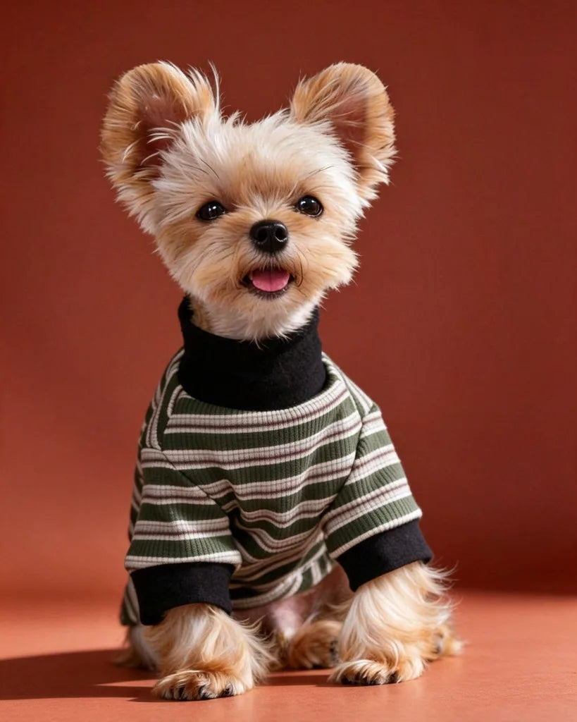 A small fluffy dog wearing a dark olive green and white striped sweater with black trim