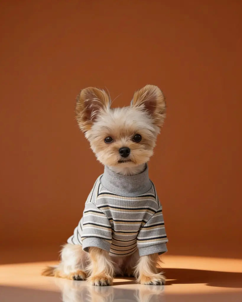 A small Yorkshire terrier dog wearing a gray ribbed turtleneck sweater with thin black and beige horizontal stripes