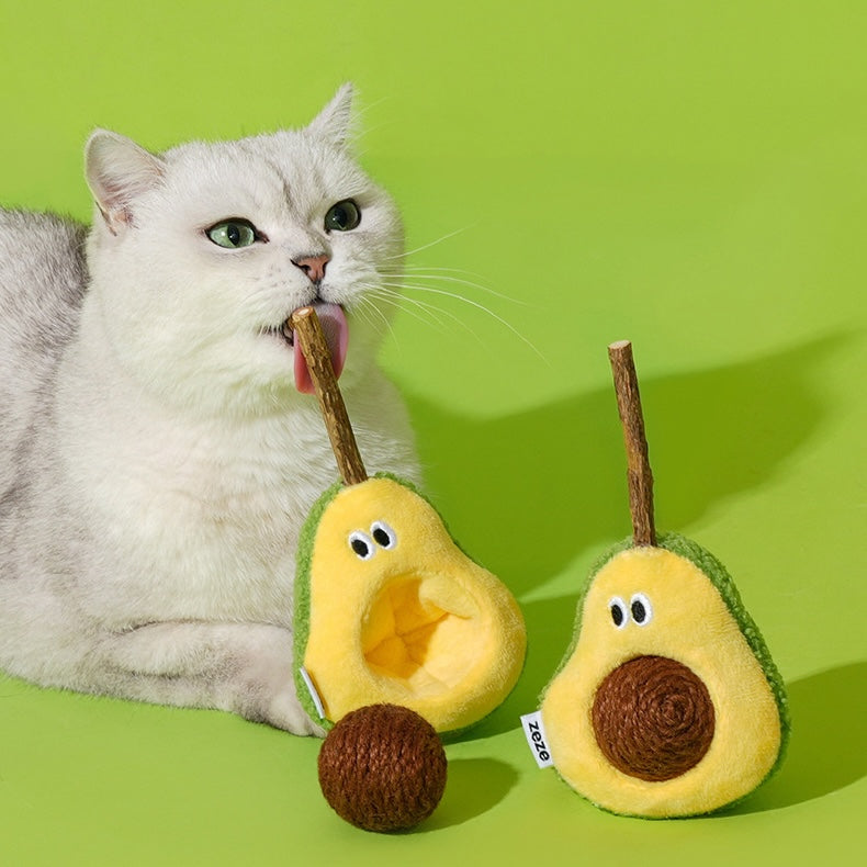 Avocado-shaped plush cat toy with sisal rope ball for active play 