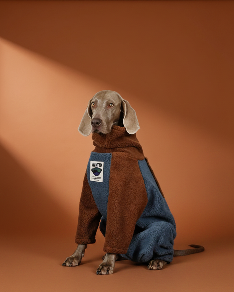 Large dog wearing a blue and brown sherpa fleece four-legged onesie with a high neck and adjustable drawstring for winter warmth.