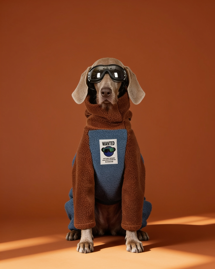 Large dog wearing a blue and brown sherpa fleece four-legged onesie with a high neck and adjustable drawstring for winter warmth.