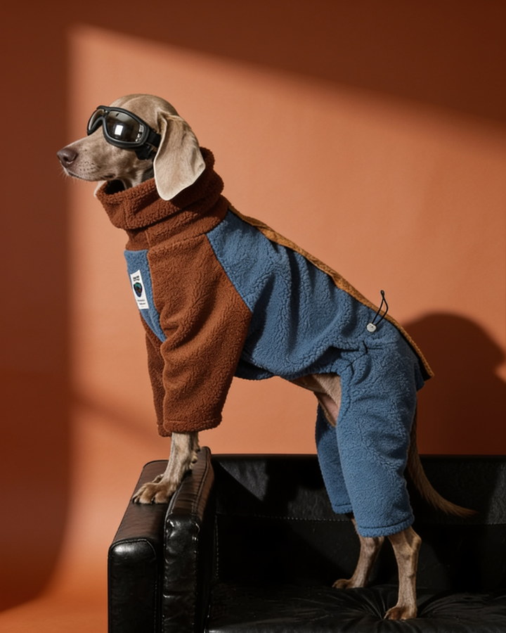 Large dog wearing a blue and brown sherpa fleece four-legged onesie with a high neck and adjustable drawstring for winter warmth.