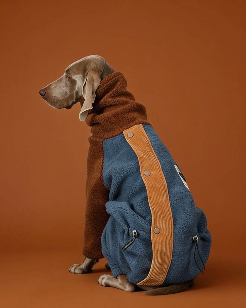 Large dog wearing a blue and brown sherpa fleece four-legged onesie with a high neck and adjustable drawstring for winter warmth.