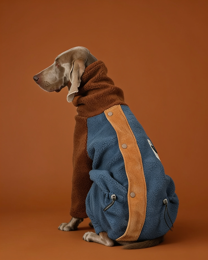Large dog wearing a blue and brown sherpa fleece four-legged onesie with a high neck and adjustable drawstring for winter warmth.