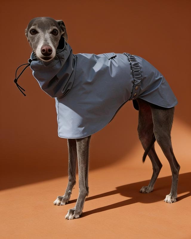 Dog wearing a light blue raincoat standing on a road with a natural background