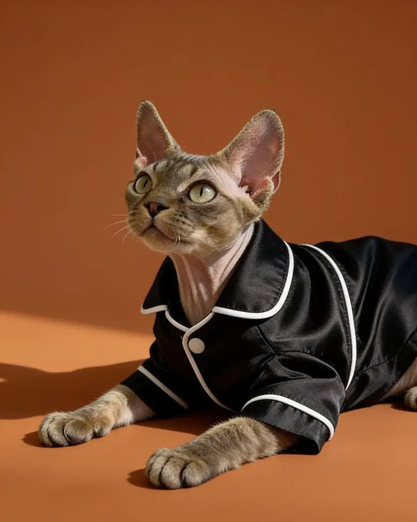 Cat wearing a black outfit with white trim on a carpeted floor.