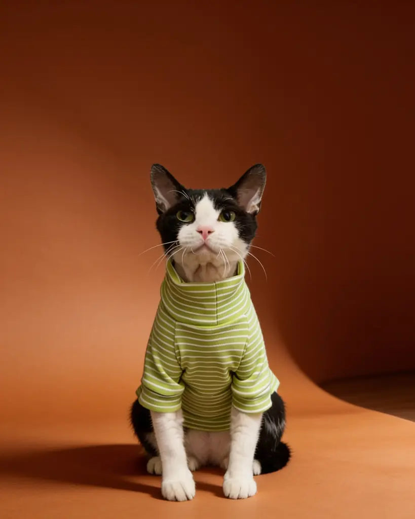 Sphynx cat wearing striped turtleneck sweater