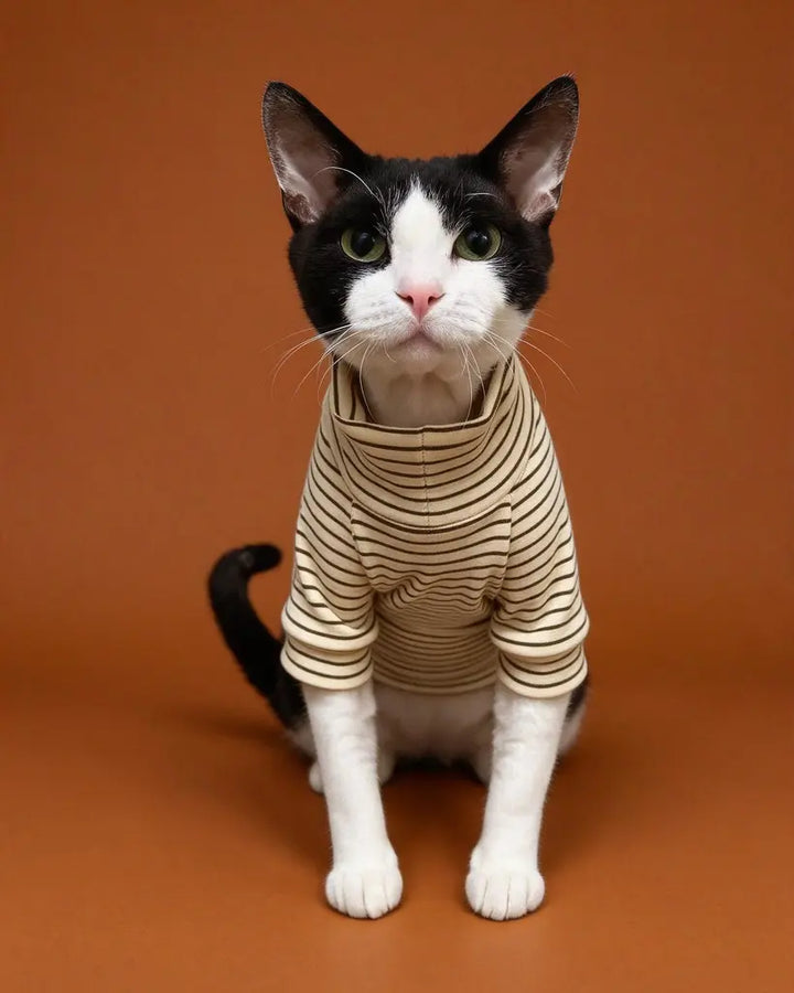 Sphynx cat wearing striped turtleneck sweater