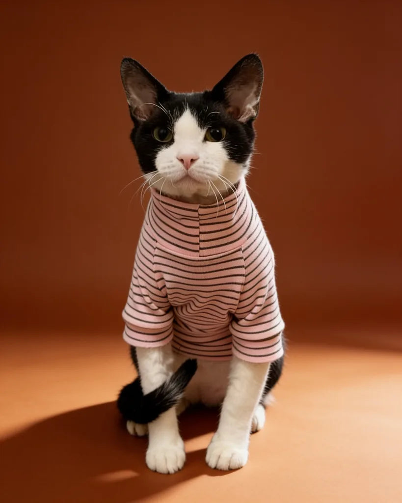 Sphynx cat wearing striped turtleneck sweater