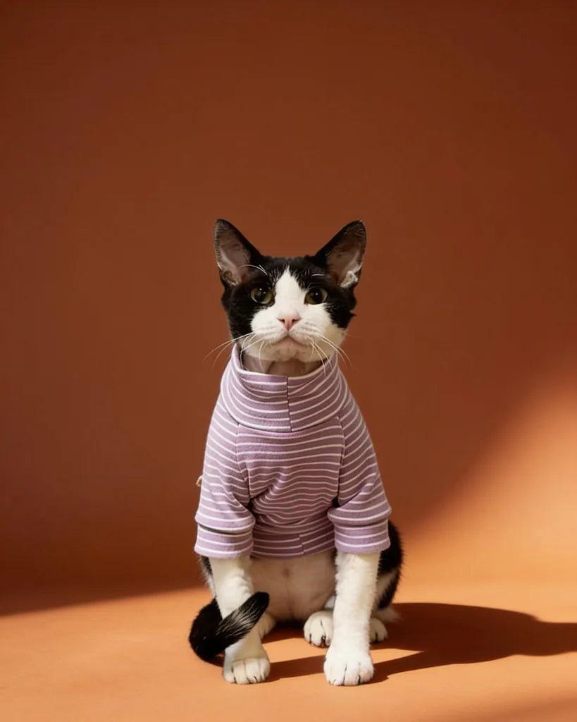 Sphynx cat wearing striped turtleneck sweater