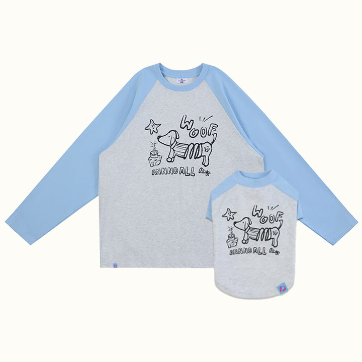 Cute dog and owner twinning shirts light blue and grey raglan spring summer wear for girl and boy pet parents