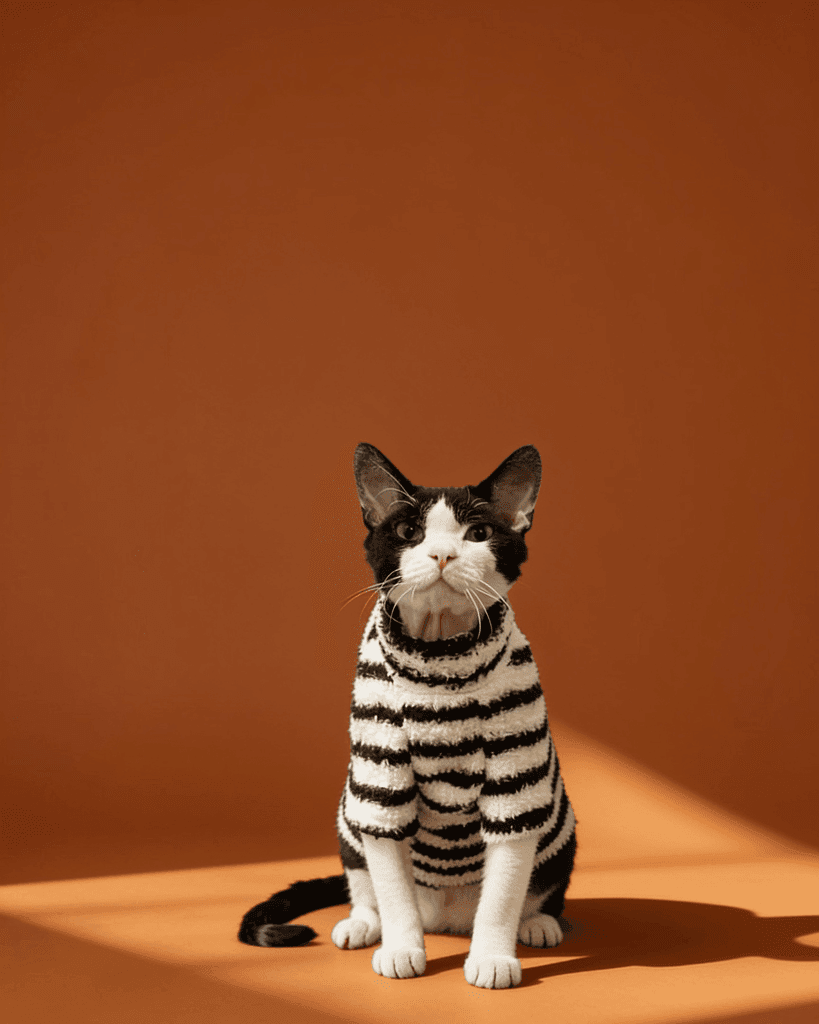 Sphynx cat wearing a soft cloud fleece turtleneck sweater with long sleeves for warm and comfortable winter everyday wear.
