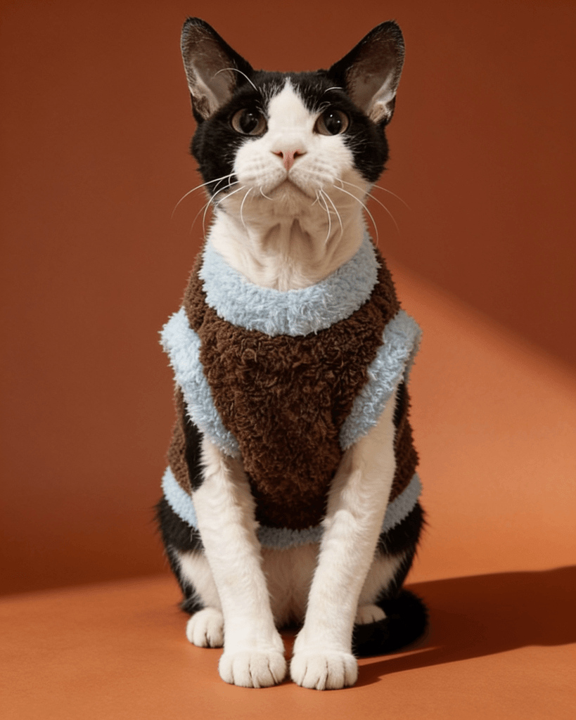 A black and white cat wearing a fuzzy sweater vest in brown and light blue.
