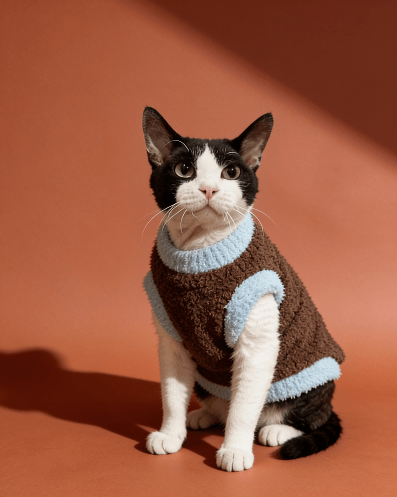 A black and white cat wearing a brown pet sweater with light blue trim.