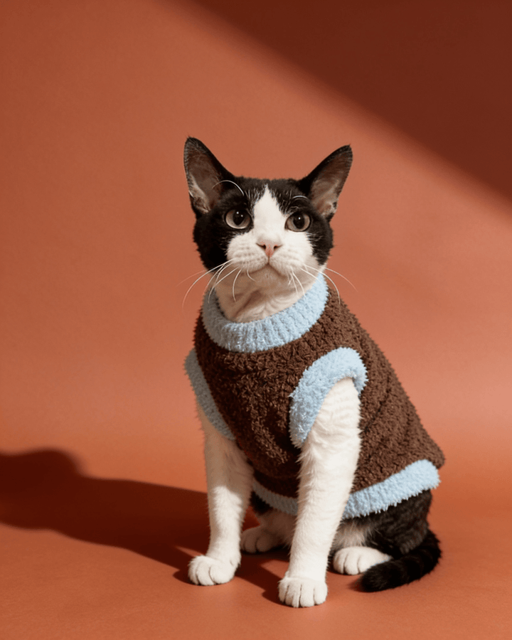 A black and white cat wearing a brown pet sweater with light blue trim.