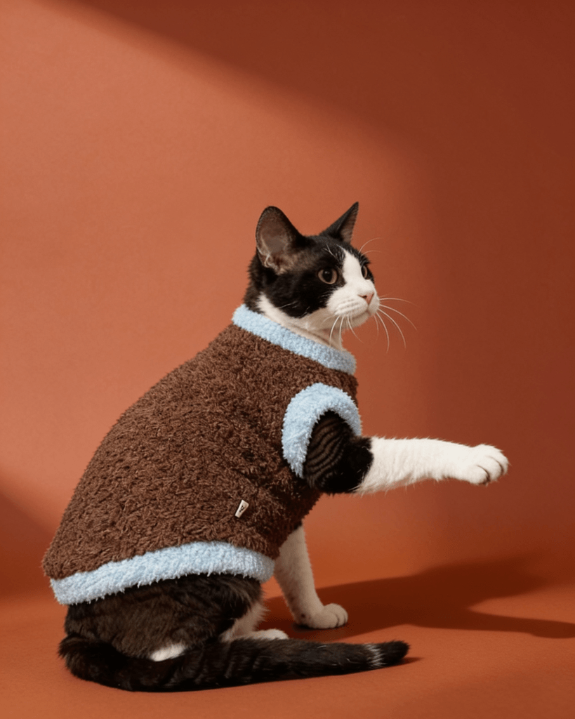 A black and white cat wearing a brown fuzzy sweater with light blue trim.
