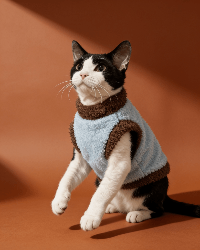 Black and white Sphynx cats wearing a baby blue and coffee cloud plush winter fleece sweater with short sleeves for warmth