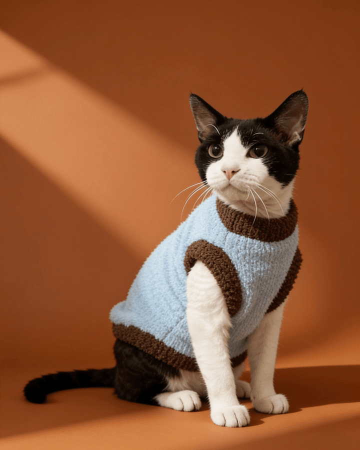 Black and white Sphynx cats wearing a baby blue and coffee cloud plush winter fleece sweater with short sleeves for warmth