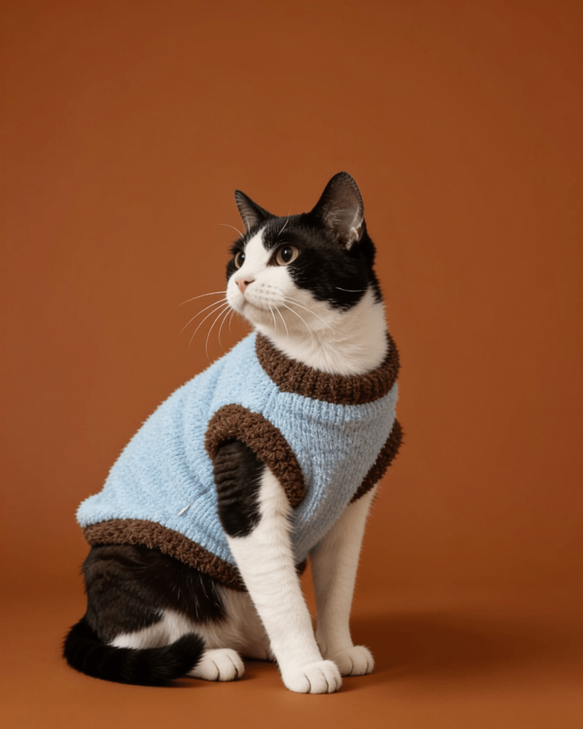 A black and white cat wearing a light blue sweater with brown trim.