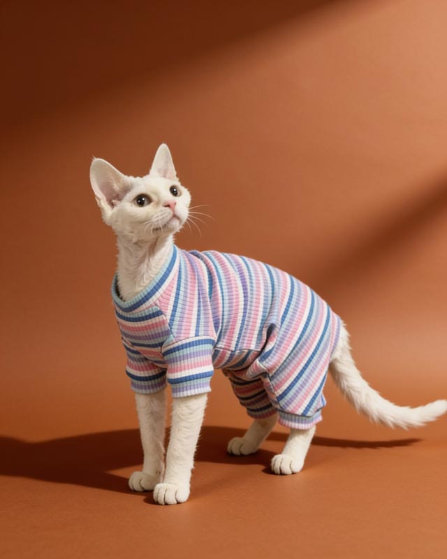Sphynx cat wearing colorful striped sweaters, standing on a surface with flower decorations.