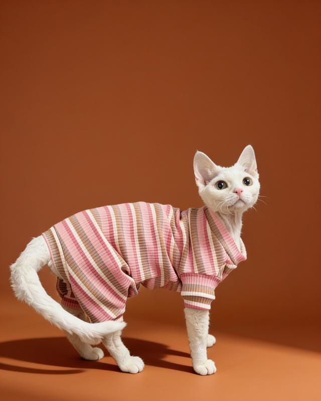 Sphynx cat wearing colorful striped sweaters, standing on a surface with flower decorations.