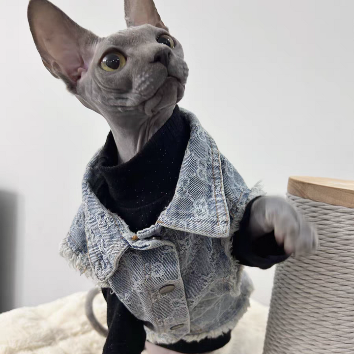 Vintage Denim Vest Sphynx Cat Denim Jacket