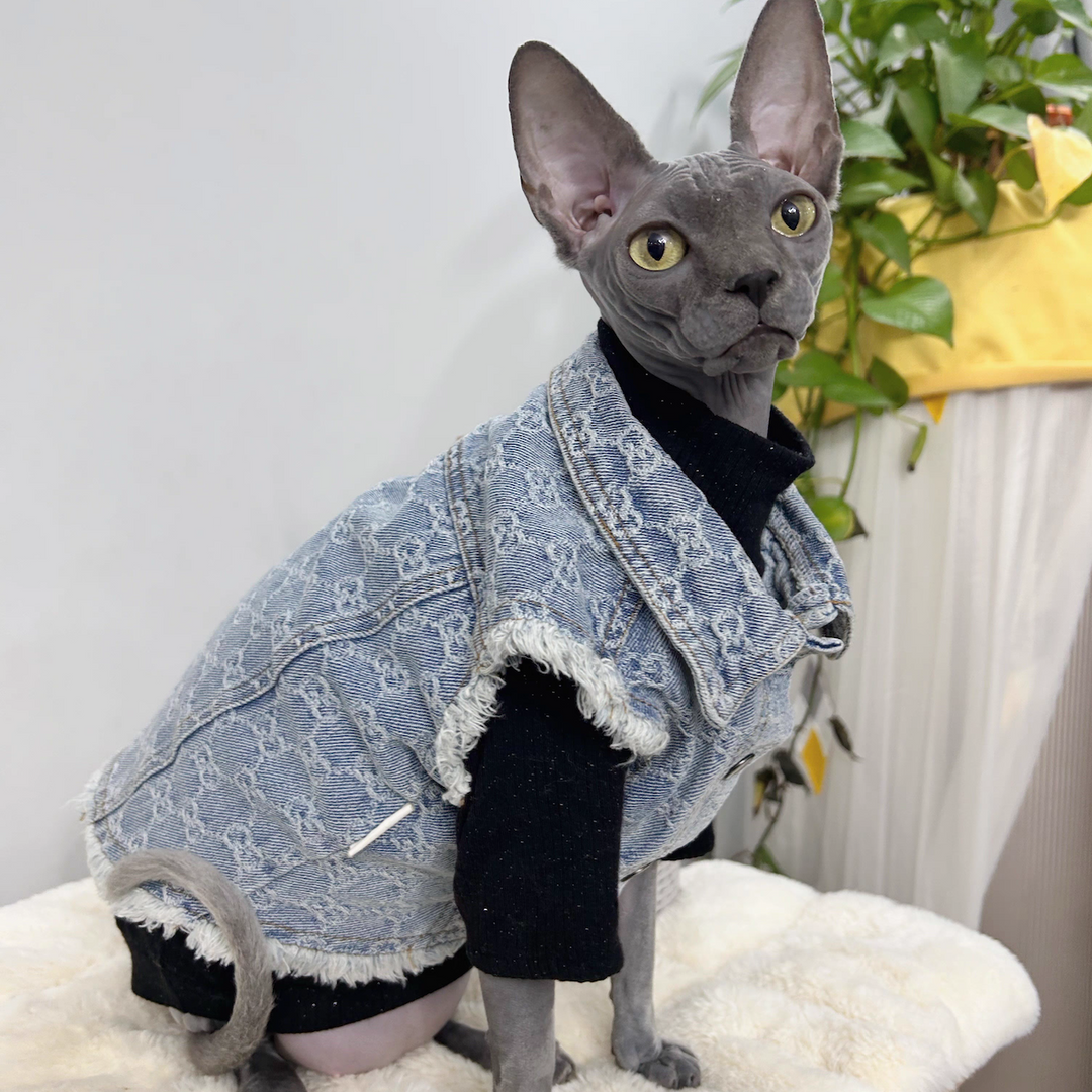 Vintage Denim Vest Sphynx Cat Denim Jacket