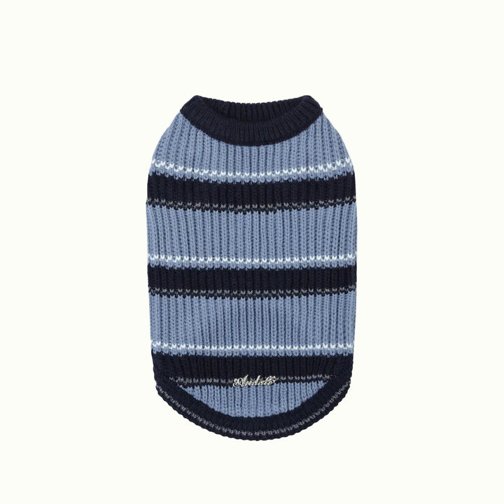 Blue and black striped dog sweater on a white background