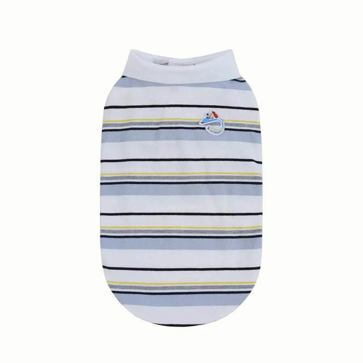 Striped pet tee with a logo on a white background