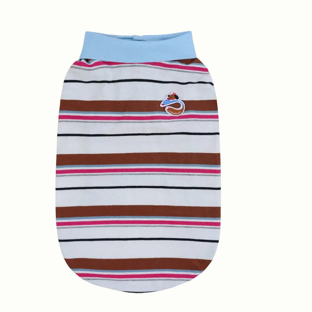 Striped pet shirt with a logo on a white background