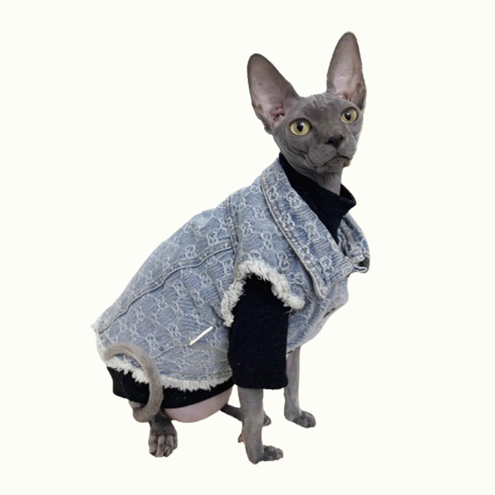 Vintage Denim Vest Sphynx Cat Denim Jacket