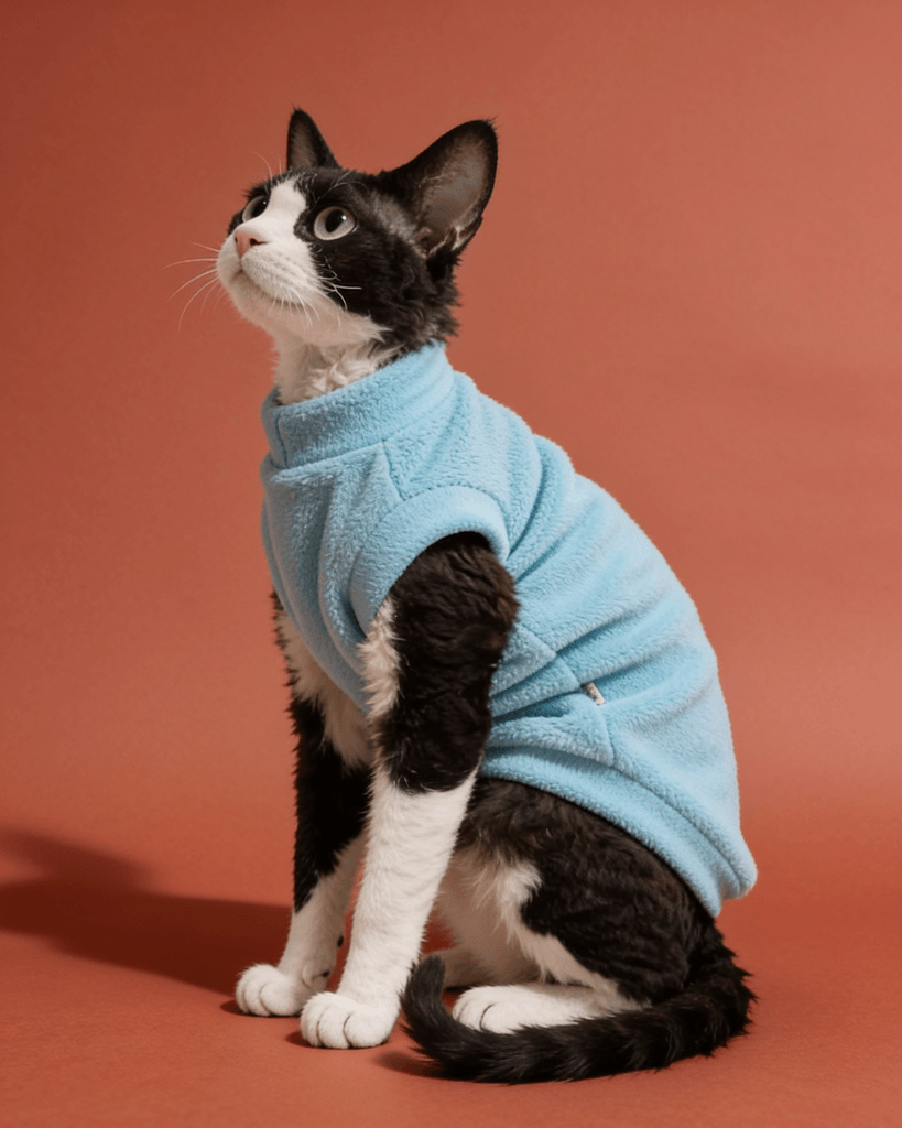 Black and white Sphynx cats wearing soft double-sided fleece winter vest clothes in skyblue for warmth and everyday comfort.