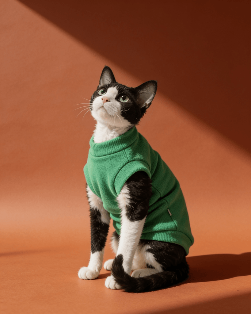 Black and white Sphynx cats wearing soft double-sided fleece winter vest clothes in seagreen for warmth and everyday comfort.