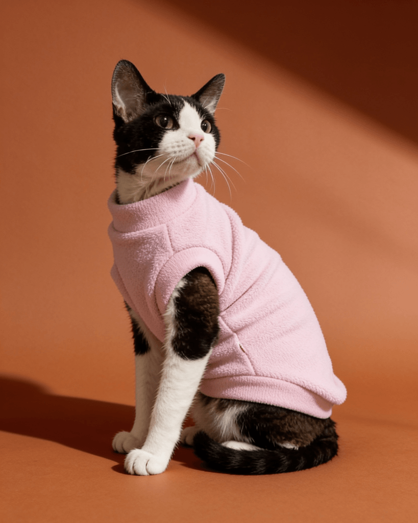 Black and white Sphynx cats wearing soft double-sided fleece winter vest clothes in pink for warmth and everyday comfort.