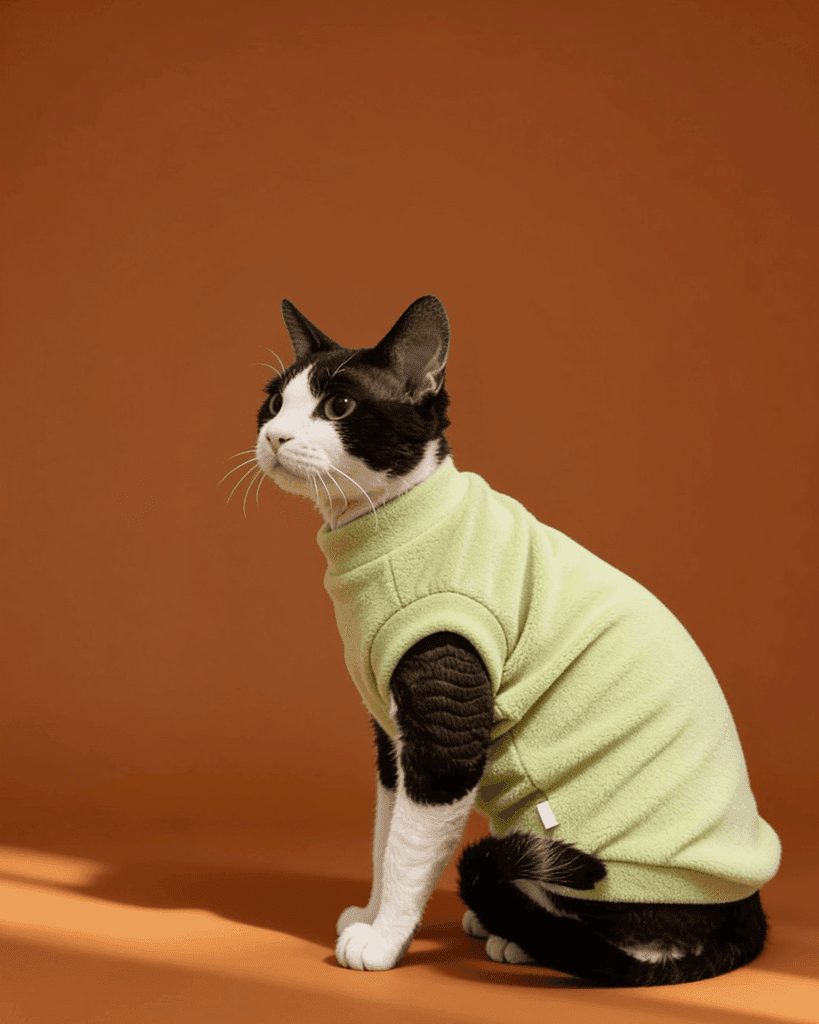 A black and white cat wearing a light green fleece pet sweater.