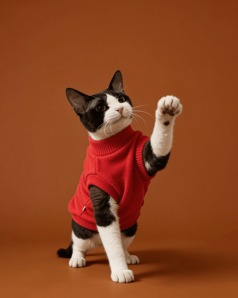 Black and white Sphynx cats wearing soft double-sided fleece winter vest clothes in red for warmth and everyday comfort.
