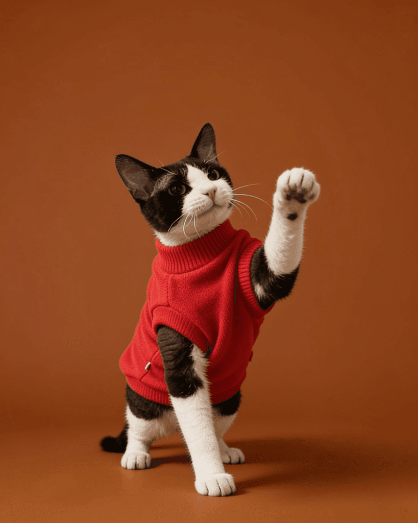 Black and white Sphynx cats wearing soft double-sided fleece winter vest clothes in red for warmth and everyday comfort.