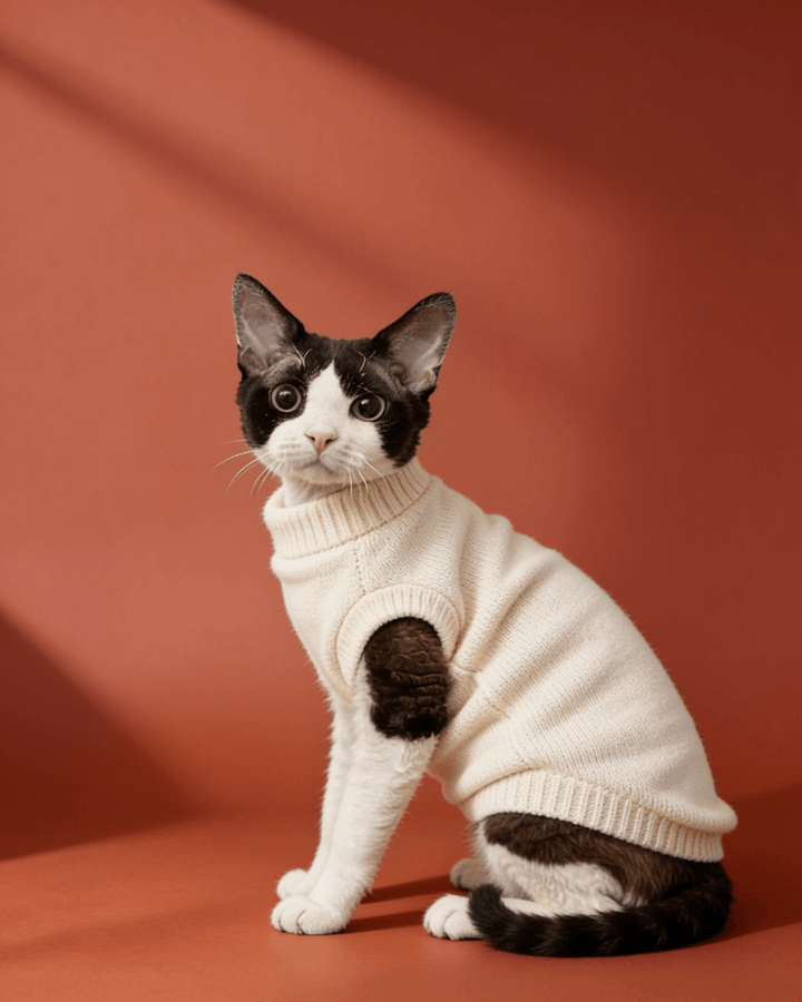 Black and white Sphynx cats wearing soft double-sided fleece winter vest clothes in beige for warmth and everyday comfort.