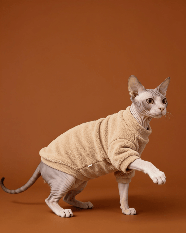 Black and white Sphynx cats wearing soft double-sided fleece winter vest clothes in tan for warmth and everyday comfort.