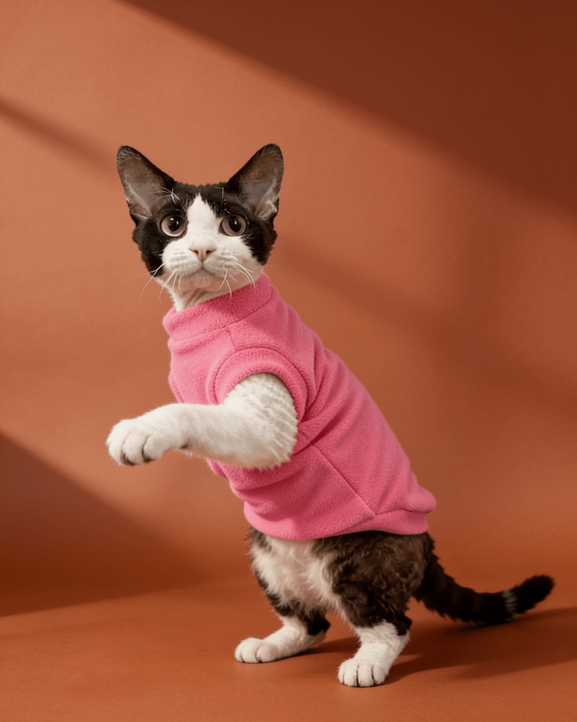 Black and white Sphynx cats wearing soft double-sided fleece winter vest clothes in deeppink for warmth and everyday comfort.