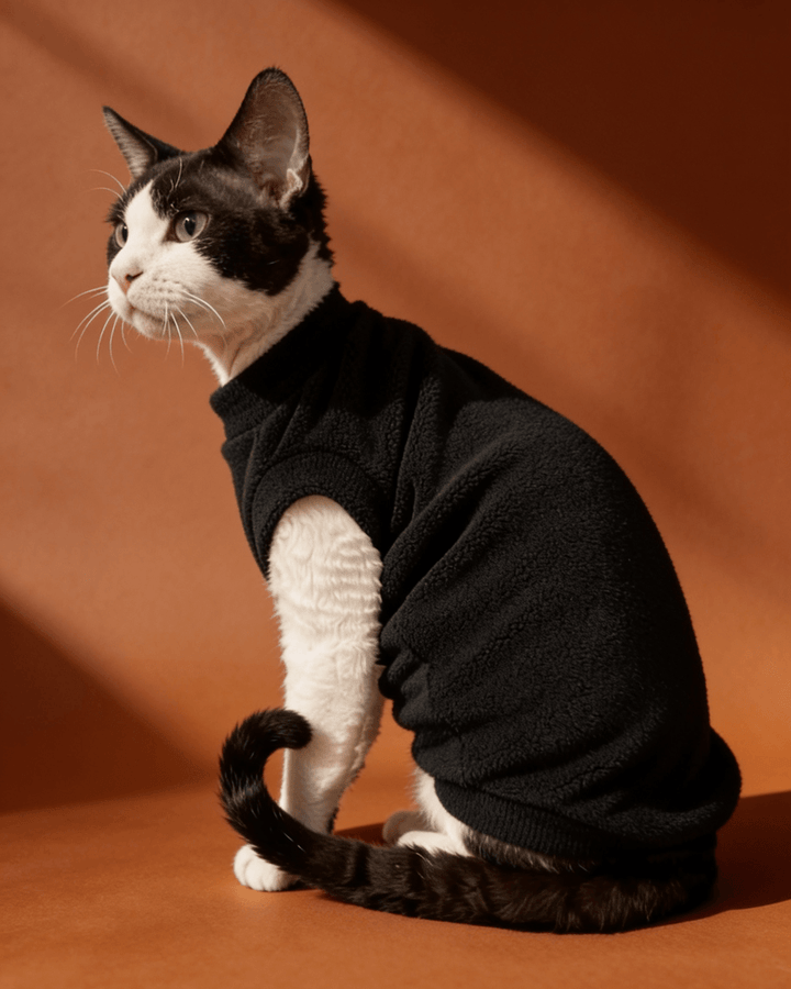 Black and white Sphynx cats wearing soft double-sided fleece winter vest clothes in black for warmth and everyday comfort.