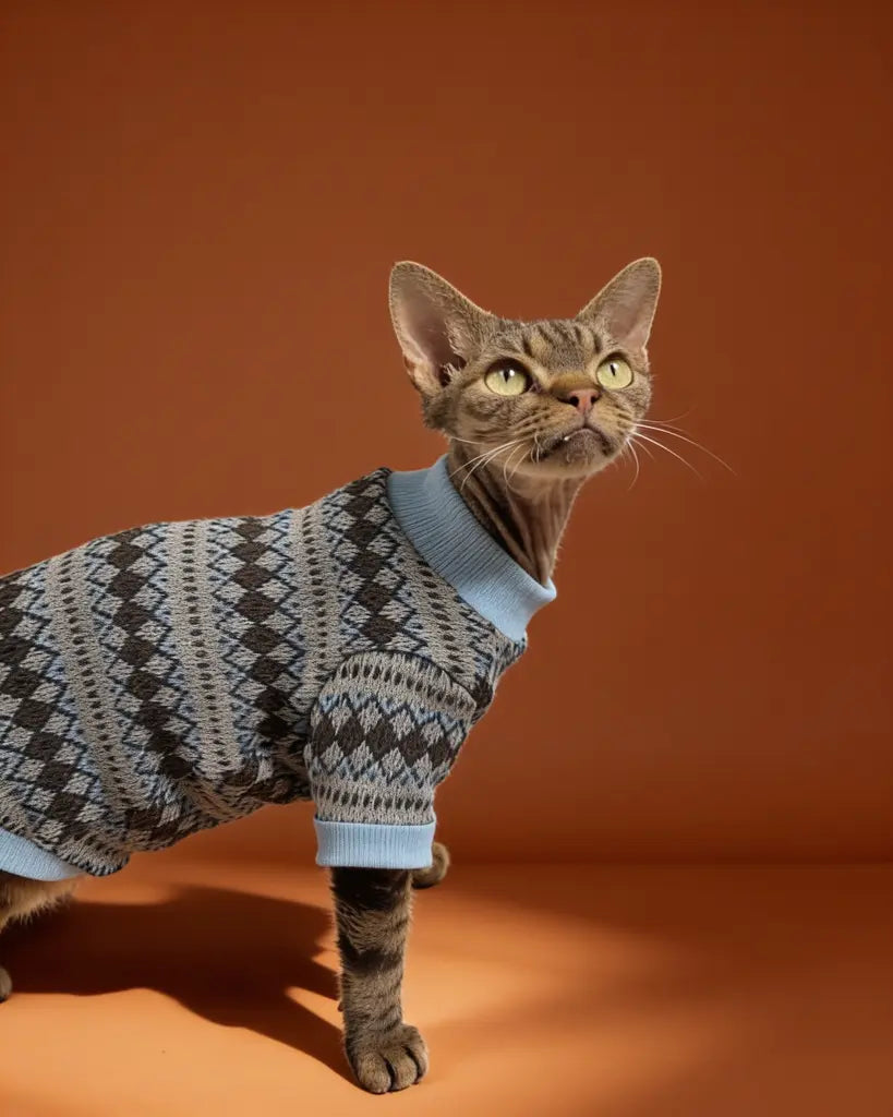 The cat is wearing a cozy, chunky-knit sweater in deep navy, patterned with light gray and icy-blue geometric diamonds for a classic Nordic look. It has a relaxed fit that covers the cat’s back and torso, a snug light-blue turtleneck, and gray-blue striped trim at the cuffs and hem.
