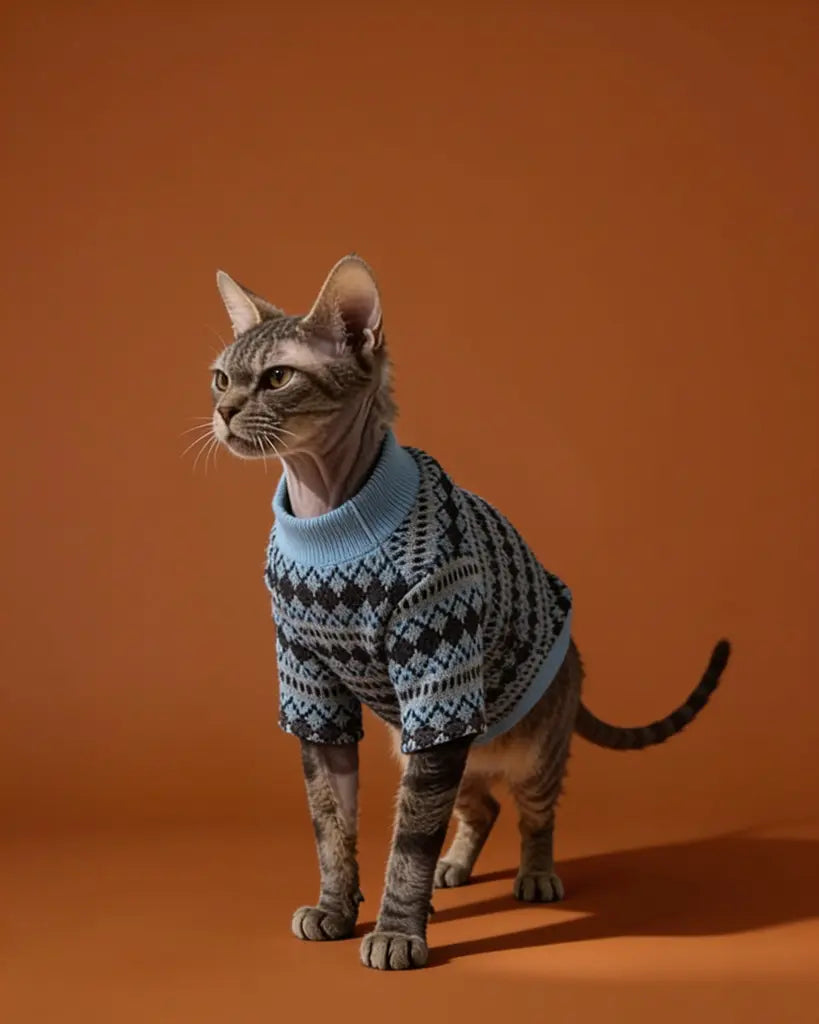 The cat is wearing a cozy, chunky-knit sweater in deep navy, patterned with light gray and icy-blue geometric diamonds for a classic Nordic look. It has a relaxed fit that covers the cat’s back and torso, a snug light-blue turtleneck, and gray-blue striped trim at the cuffs and hem.